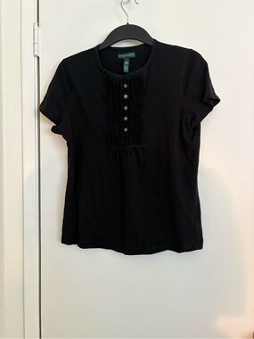 Vintage Lauren Ralph Lauren Black Short-Sleeve Ruffle-Pleat Button Top